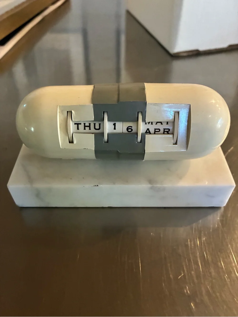 Pill Capsule Desk Calendar Cream /Gray Desktop Perpetual Calendar on Marble Base
